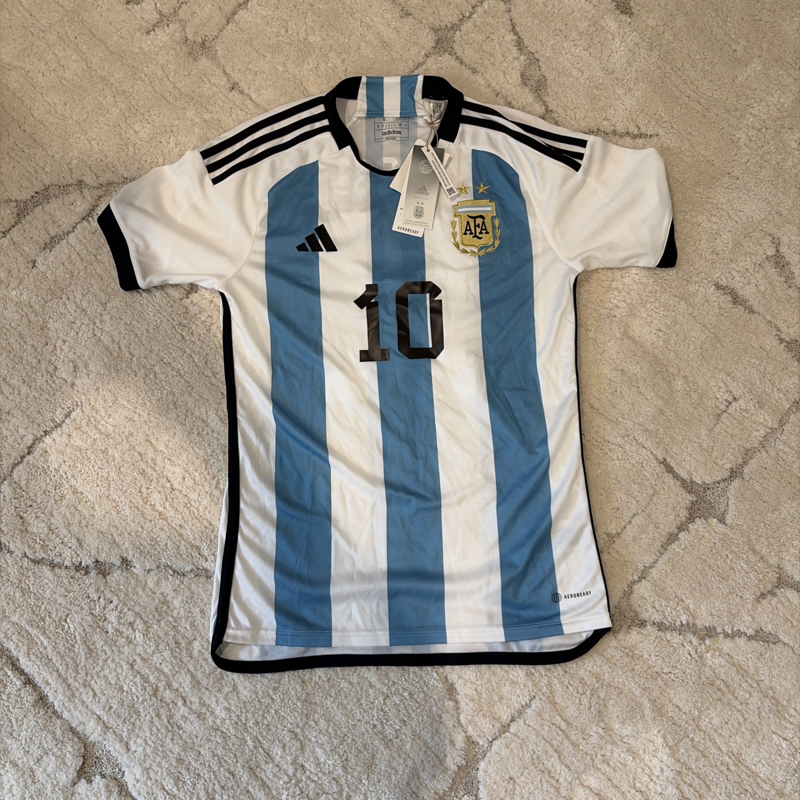 Messi #10 Argentina Home Soccer Jersey 3 Stars Mens Sz Small World Cup Winner