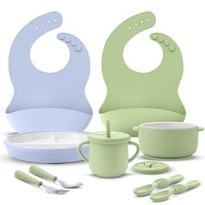 9 Pcs Porcelain Plates and Bowls Feeding Set with Suction, Ceramic Baby Divid...