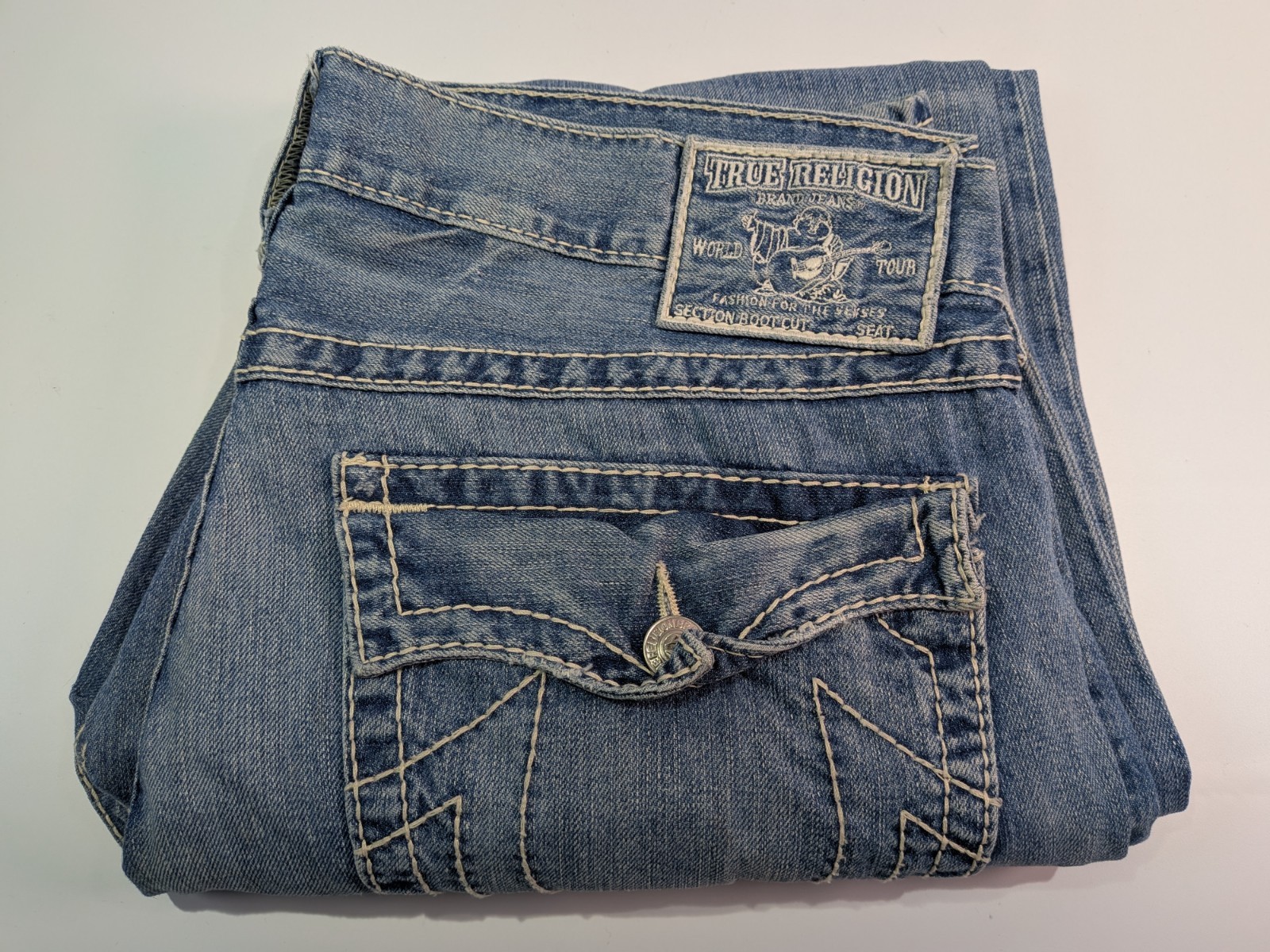 True Religion World Tour Super T Jeans Blue Brand Patch Size 38 Made in USA