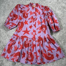 Farm Rio Shirt Dress Womens XS Purple Lobster Starfish Print Button Puff Sleeve