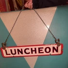 Vintage Porcelain Metal Hanging Sign Red White Blue Business