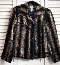 Chico's Animal Print Faux Fur Button Front Collared Jacket Black Brown Size 1