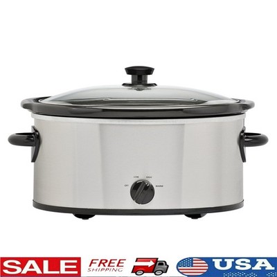 6 Qt Slow Cooker Stainless Steel Glass Lid 3 Settings Removable Stoneware New