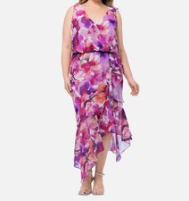 X by Xscape Women's Purple Chiffon Ruffled Floral V-Neck Dress Plus Size 18W