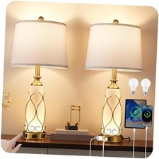 25.6" Glass Gold Table Lamps Set of 2, Tall Bedside Lamps with Vintage-White