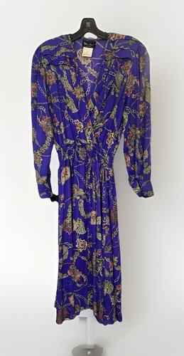 Vtg 70s Diane von Furstenberg Purple Chains Faux Wrap Midi fit flare dress M