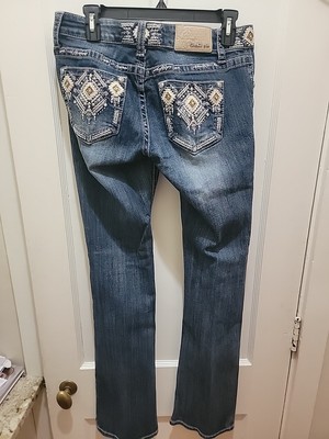 Grace in LA Aztec Embellished Bootcut Jeans Rhinestone Pockets Dark Wash Size 30