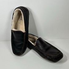 UGG Slippers Mens 11 Ascot 5379 Brown Leather Shearling Fur Lined Shoes Slip On
