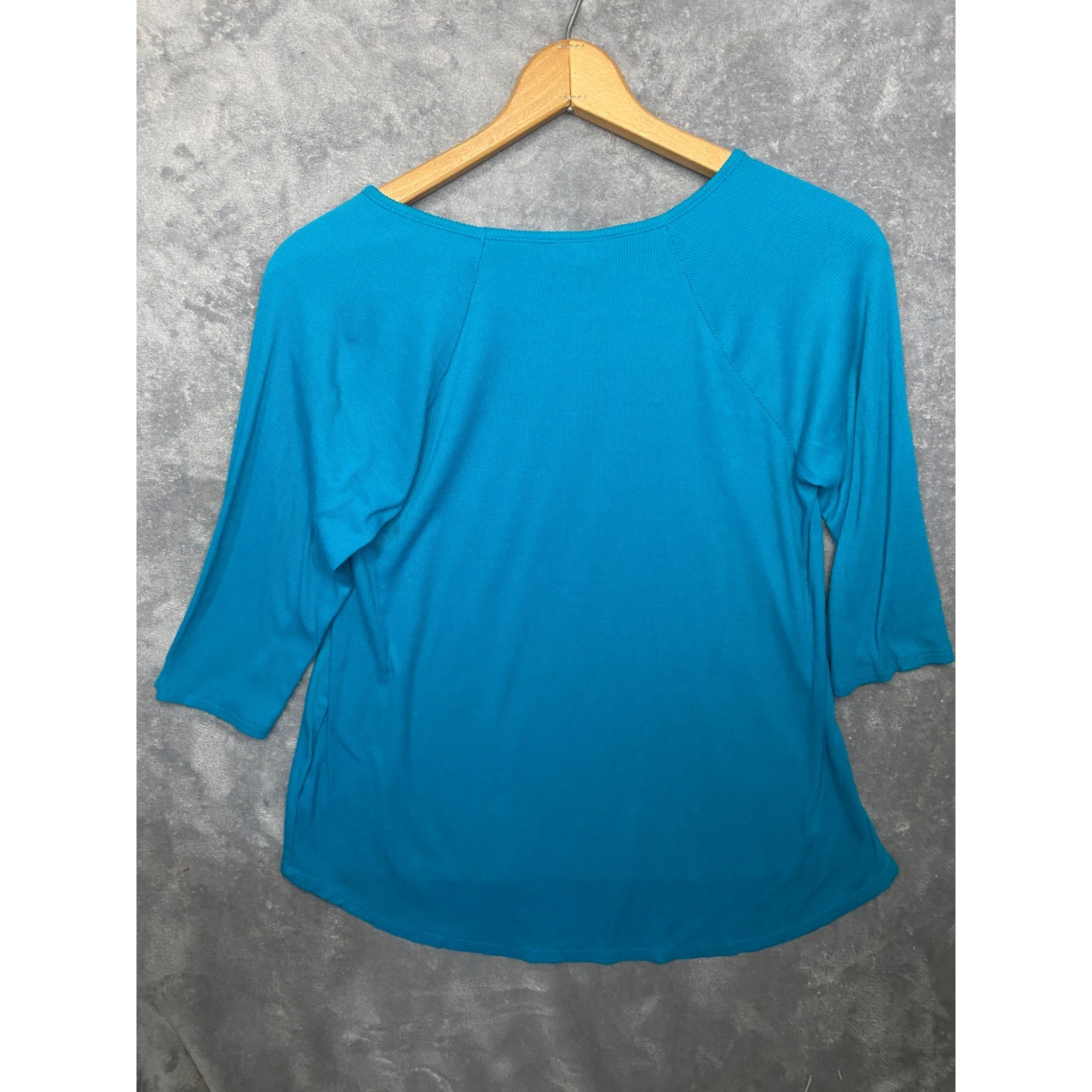 A New Approach Turquoise Blue Cutout Neck 3/4 Sleeve Ribbed Knit Top Women's L