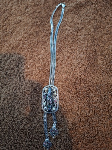  Western Silver Tone Bolo Tie Adjustable Marquise Multicolor Stone Slide