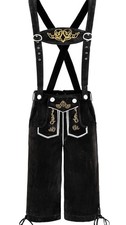 Black Lederhosen-Style Suede Suspender Pants/ shorts with Gold Embroidery