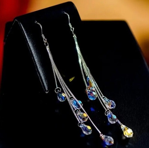 Elegant Dangling Faceted Crystal Clear Zircon Teardrops Cluster Earrings 4"L 925