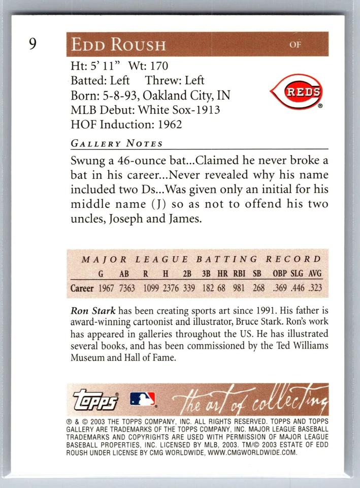 2003 TOPPS GALLERY BASBEALL HOF 9 EDD ROUSH REDS WHITE C VARIATION - Image 2 of 2