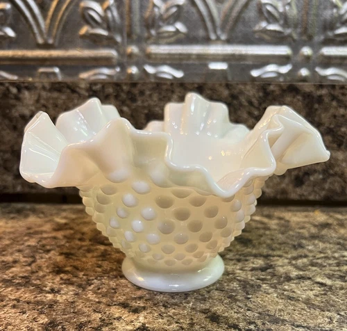 Vintage White Milk Glass Hobnail Ruffled Crimped Edge Bowl 6.75” Fenton Style