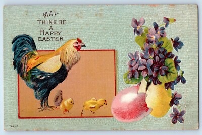 c1910's Easter Rooster Chicks Hatched Egg Flowers Embossed Antique Postcard