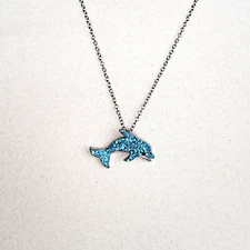 Blue Dolphin Aurora Borealis Rhinestone Pendant Silvertone Necklace 20" Chain SU