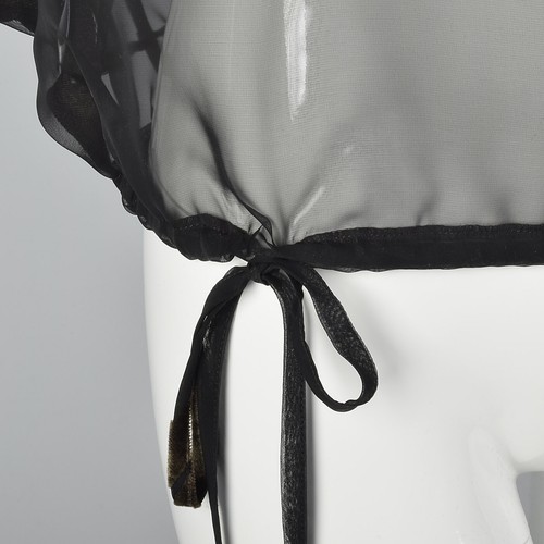XS 1990s Sheer Black Top Oversized Batwing Sleeves Velvet Detail Separates 90s - Picture 7 of 10