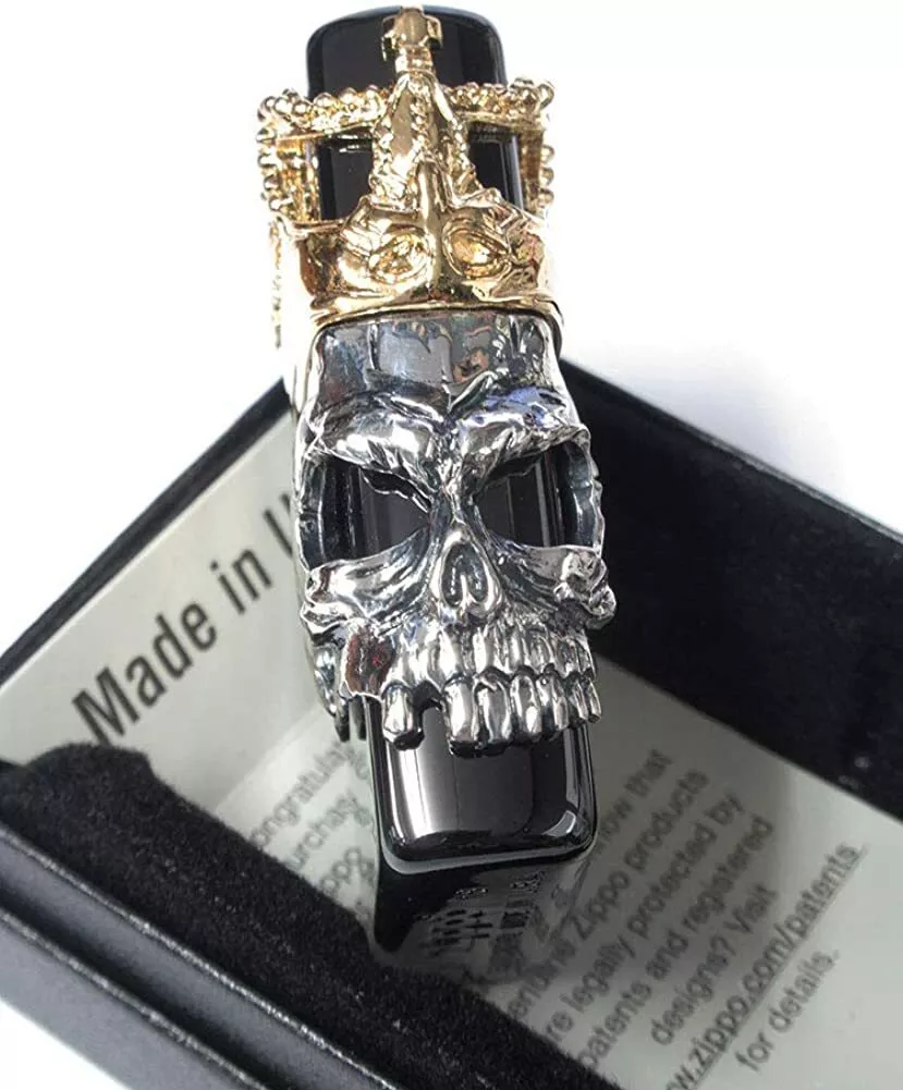 Zippo Skull King Gold Crown Titanium Black Silver 3 Side Lighter