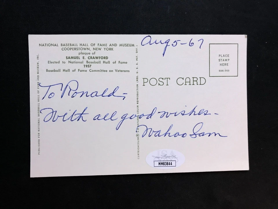 Signed Wahoo Sam Crawford TWICE SIGNED HOF Hall of Fame Plaque Postcard JSA! ‘67 - Image 3 of 3
