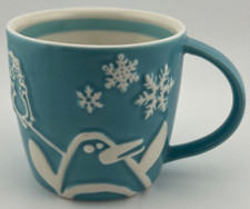 Starbucks Holiday 2007 Blue Coffee Mug Penguin Snowman Snowflakes Trees 8 oz