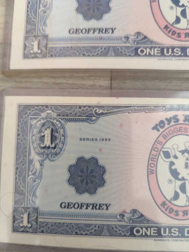 Toys R Us Geoffrey Money 2 $1 Dollar 1993 Series Gift Certificates Sequential - Picture 5 of 13