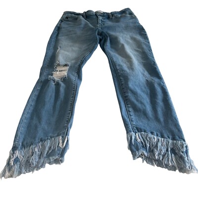 Kancan Mid Rise Skinny Jeans Women Blue Light Wash Raw Hem Destroyed Size 11/29