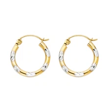 Ioka - 14K Two Tone Gold Diamond Cut Hoop Hinged Earrings