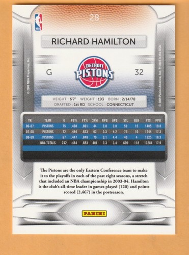 Richard Hamilton Detroit Pistons 2009-10 Prestige #28 Connecticut Huskies UConn - Picture 2 of 2