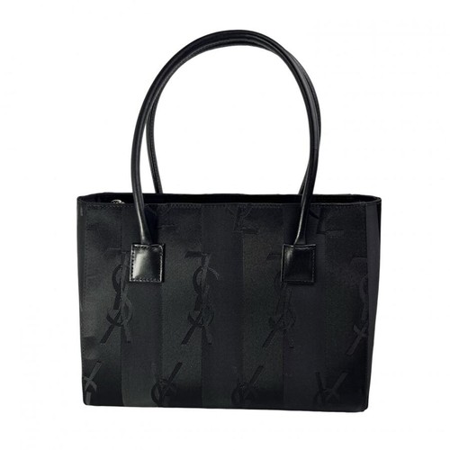SAINT LAURENT YSL Monogram Canvas Top Handle Tote Bag Black Silver 25cm 19cm