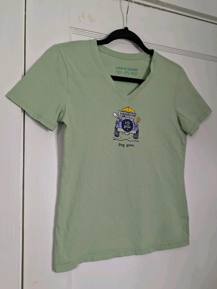 Life is Good “Dog Gone” Jeep Graphic V-Neck T-Shirt XS Sage Green Women’s - Image 2 of 4