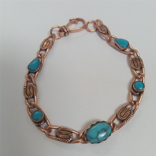 Vtg Copper Turquoise S Chain Link Bracelet 8" Signed SA Dog Clip Clasp 5 Stones - Picture 1 of 13