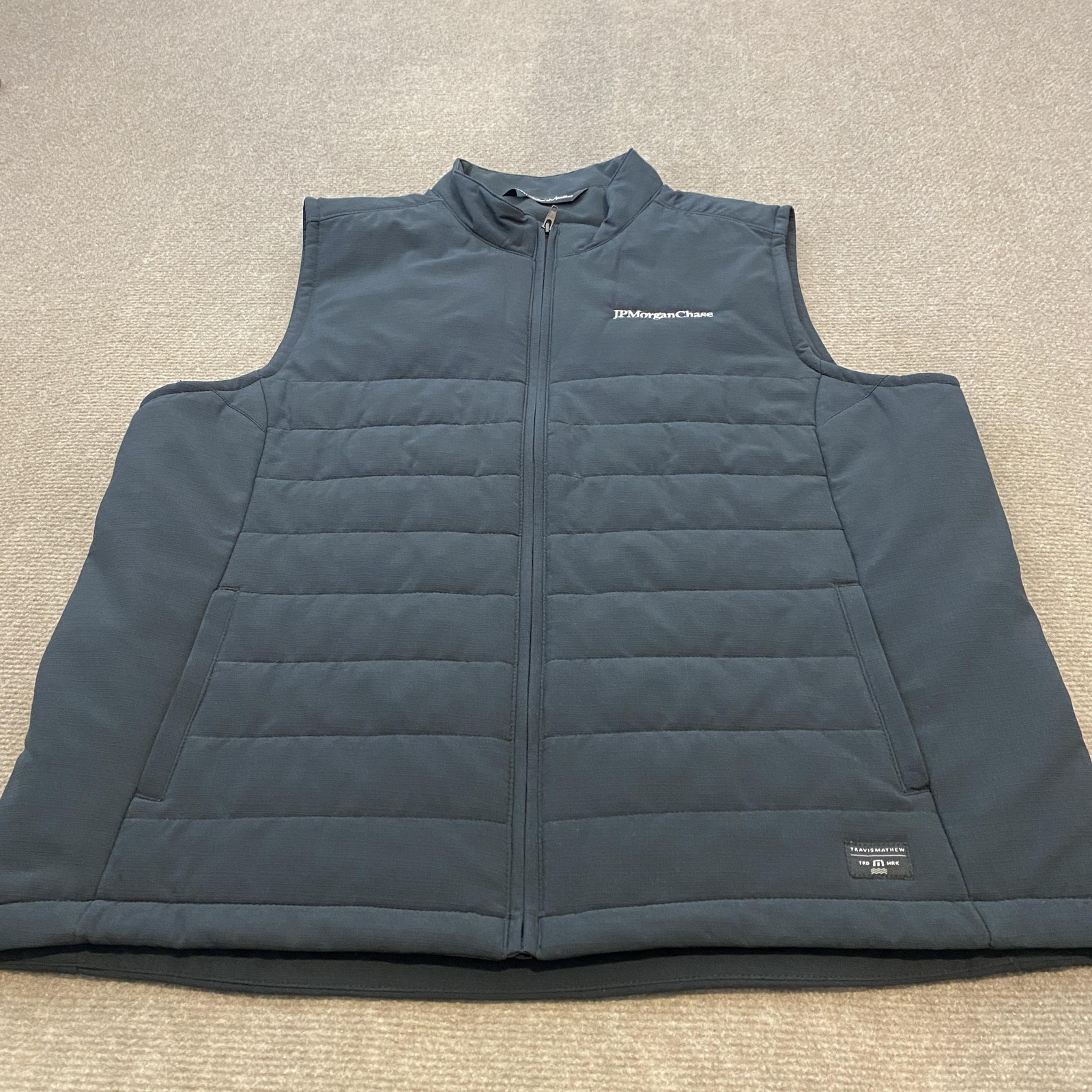 TravisMathew Vest Mens XL Blue Quilted Insulated Full Zip Golf JP Morgan Chase
