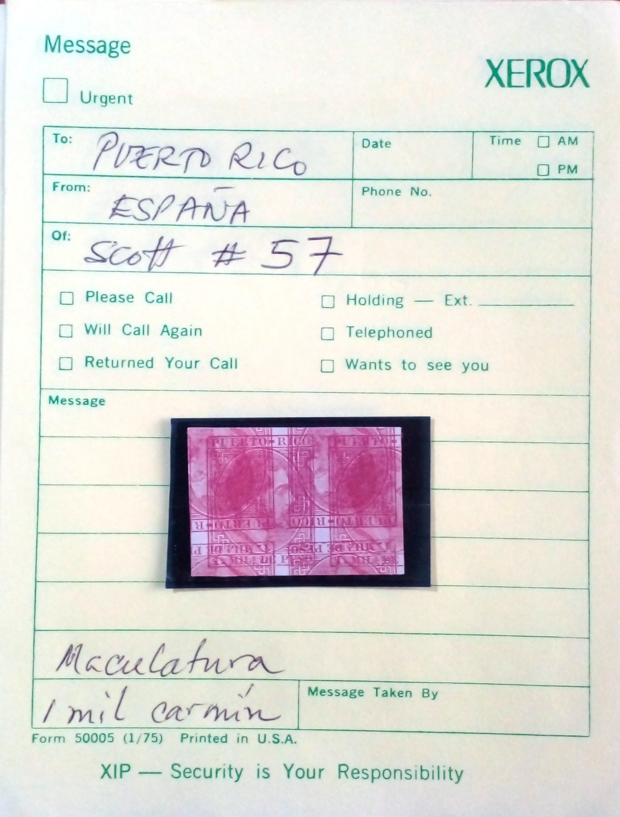 PUERTO RICO SCOTT #57 IMPERFORATED  STAMP MACULATURA PRINTERS WASTE