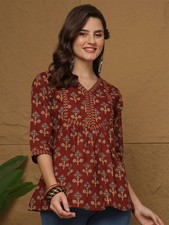 Indian Women Maroon Pure Cotton Floral Print A-Line Top Tunic Kurta Kurti Dress