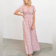 Baltic Born Evelyn Smocked Maxi Dress Pink Floral Dot Small NWT