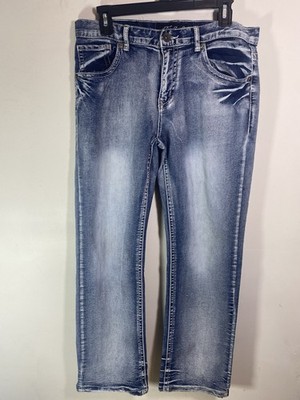 True Luck Faded Blue Jeans  Strght.Leg Stretch Embroidered Thick Stich Men 34x28