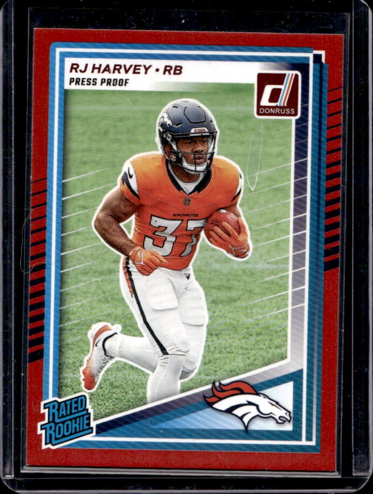 2025 Donruss RJ Harvey Rated Rookie Press Proof Red RC #312 Broncos