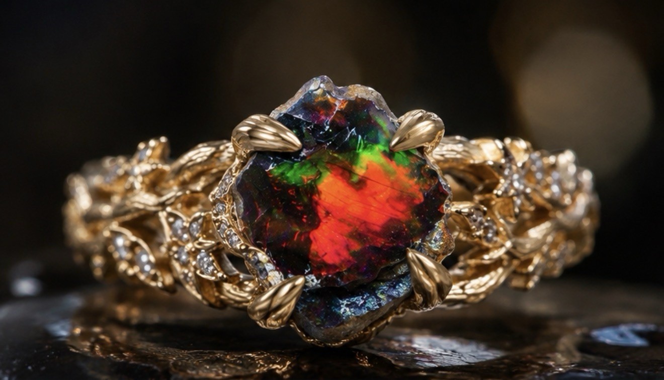 18K Gold Natural Rough Black Ethiopian Opal Lab Diamond Engagement Ring