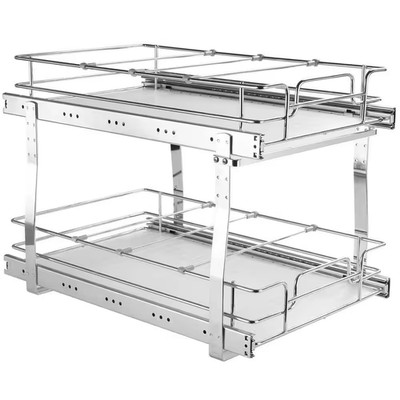 2-Tier 14''W X 21''D Pull-Out Cabinet Organizer-Chrome Steel Slide-Out Shelves