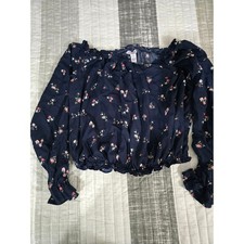 Floral Navy Off-Shoulder Long-Sleeve Cropped Top Sz M