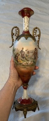 Antique Sèvres Ormolu porcelain, gilded brown ornament, hand painted scenes