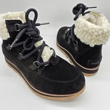 SOREL Womens Boot Shearling Trim Waterproof Black Suede Lace Up 5.5  Cozy Harlow