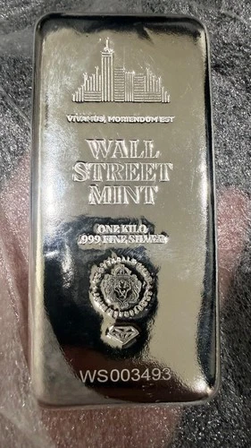 1 Kilo .999 Silver Bar Wall Street Mint Silver Bullion - 32.15 Troy Oz #A512