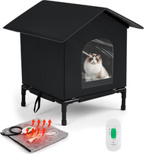Elevated Heated Cat House Outdoor Winter Shelter with Heater Waterproof Black