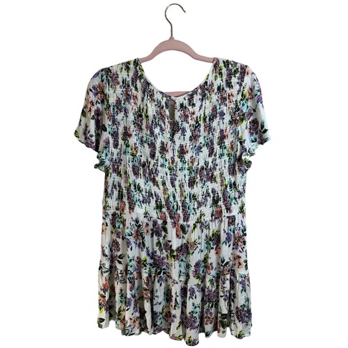 Torrid Blouse Womens size 1 (1X) Floral Purple Crinkle Gause Smoked Baby Doll - Picture 4 of 10