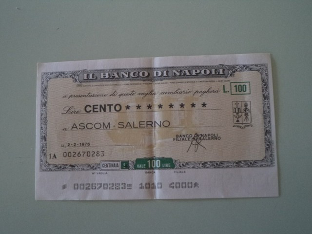 MINI ASSEGNO 100 CENTO LIRE BANCO DI NAPOLI A ASCOM CONFCOMMERCIO - 1976 MINI ASSEGNO 100 CENTO LIRE BANCO DI NAPOLI A ASCOM CONFCOMMERCIO - 1976