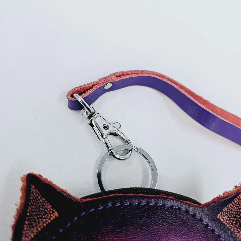 Gatito Cara de Gato Llavero Muñequera Monedero Cartera Cuero Púrpura Cheshire Boho Foto 3 de 4