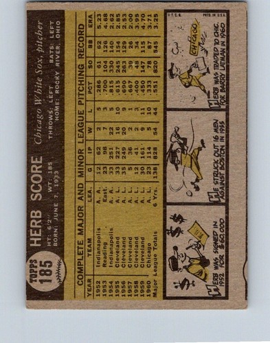 VINTAGE BASEBALL CARD TOPPS 1961 HERB SCORE CHICAGO WHITE SOX NO1566 - Picture 2 of 2