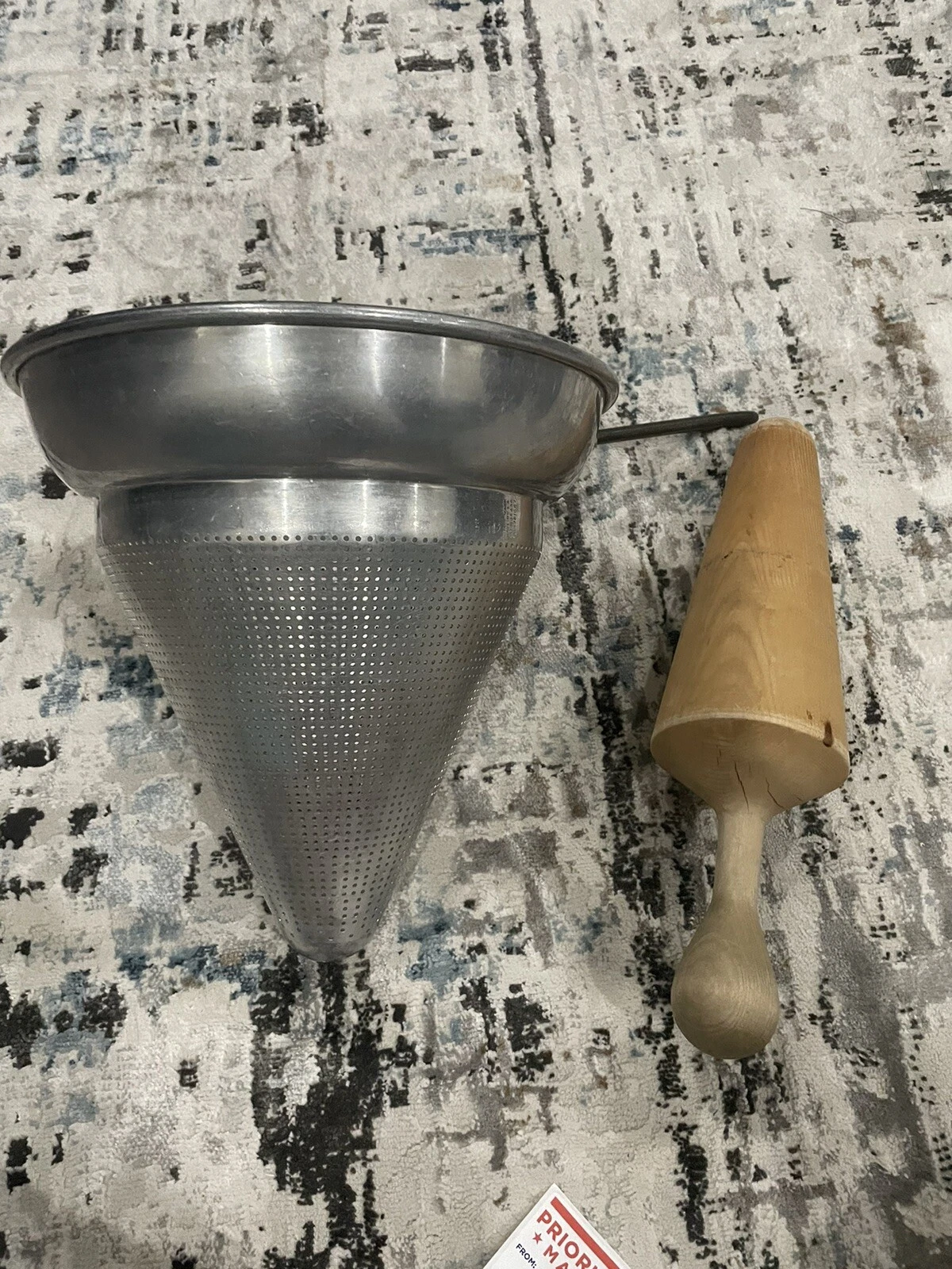 Vtg WearEver No.12 Cone Aluminum Colander Strainer Ricer W/Wood Pestle Made USA