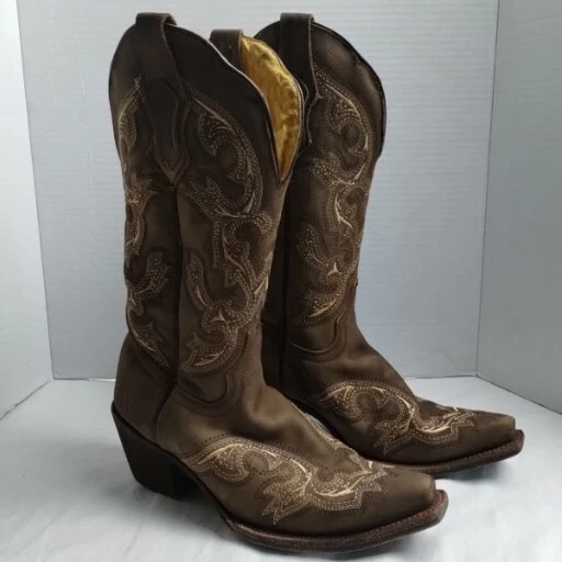 Reywelt Women s Brown Embroidered Genuine Leather Western Boots Size 8